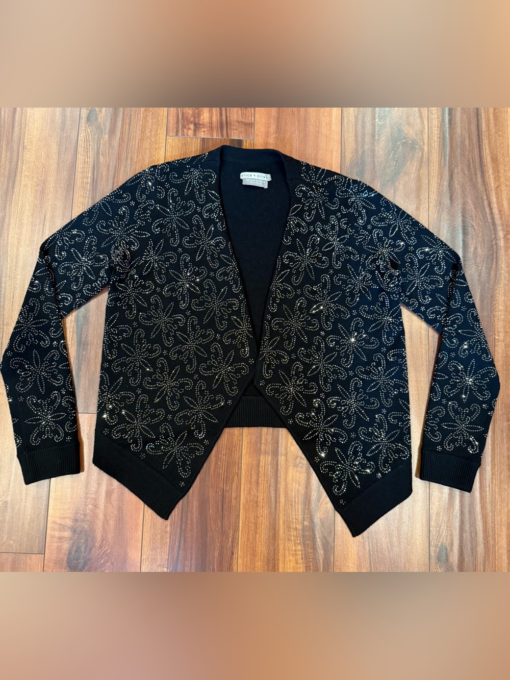 Alice + Olivia Neiman Marcus Exclusive Rhinestone Black Wool Cardigan Size S